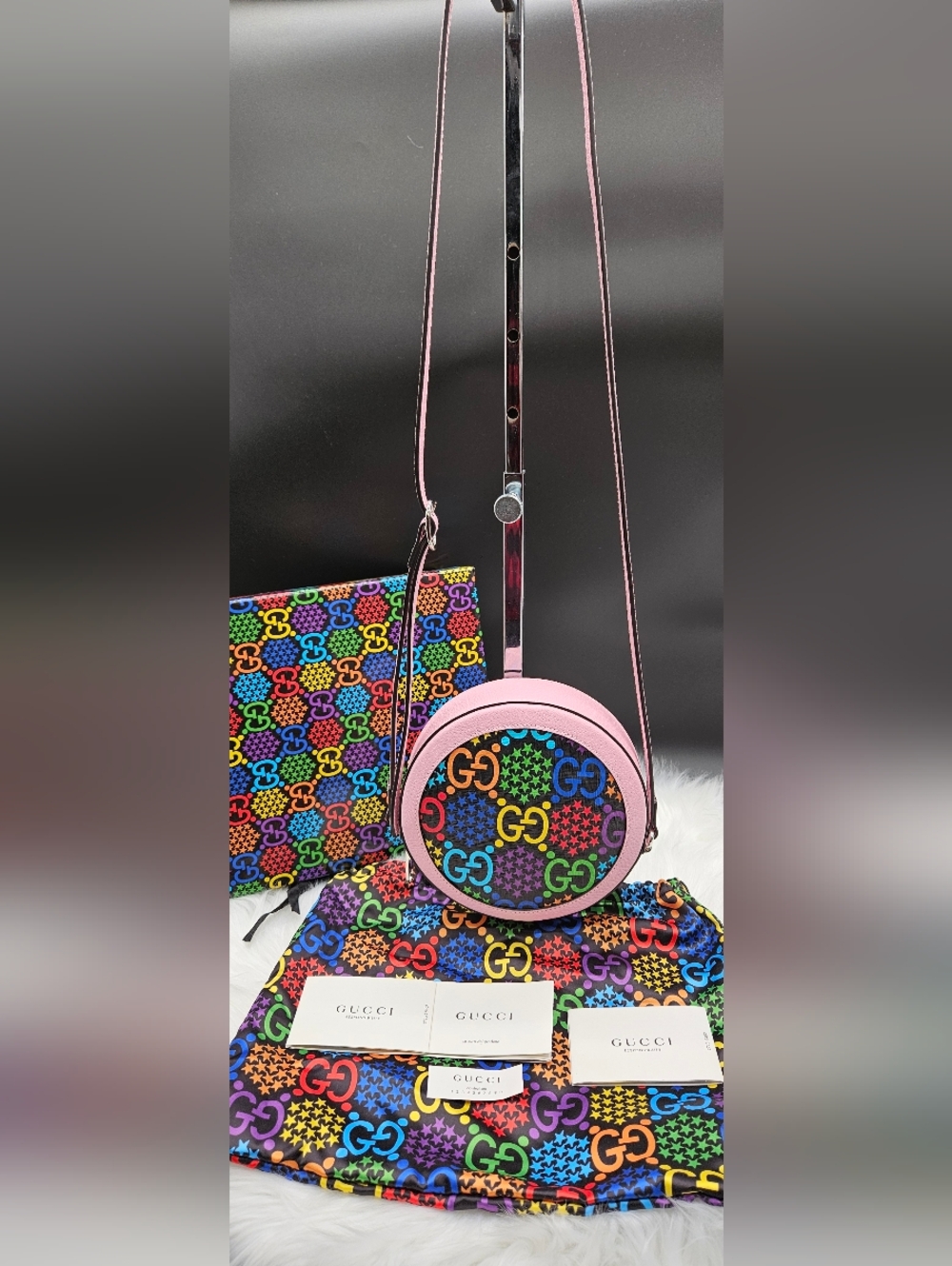 GUCCI Rainbow Psychedelic Round Shoulder Messenger Bag Purse Pink Handbag - Picture 11 of 17